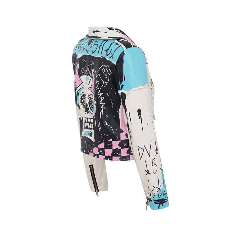 Veste en cuir de moto à rivets imprimé graffiti personnalisé
