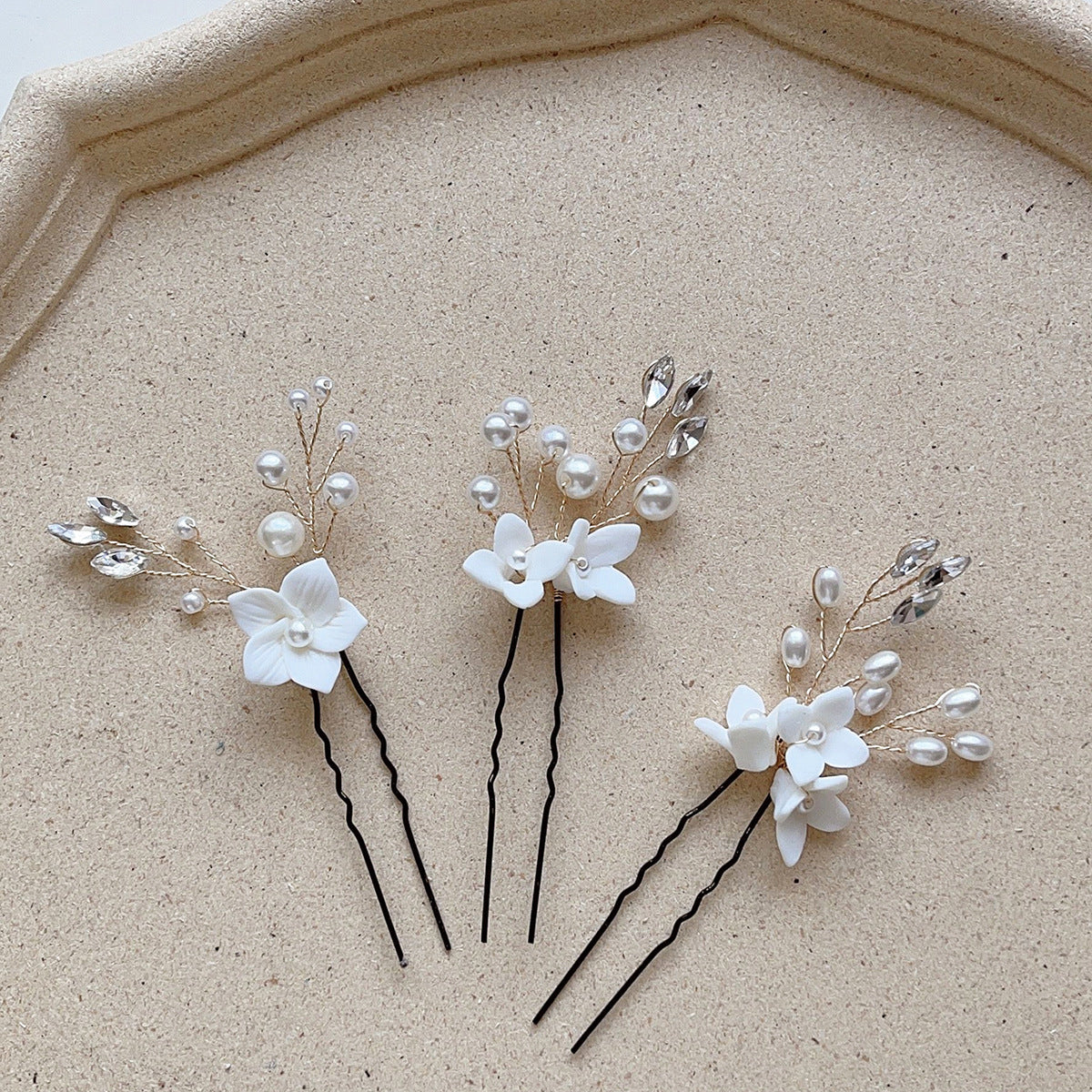 White Flower U Shaped Hairpins - 3 Sets