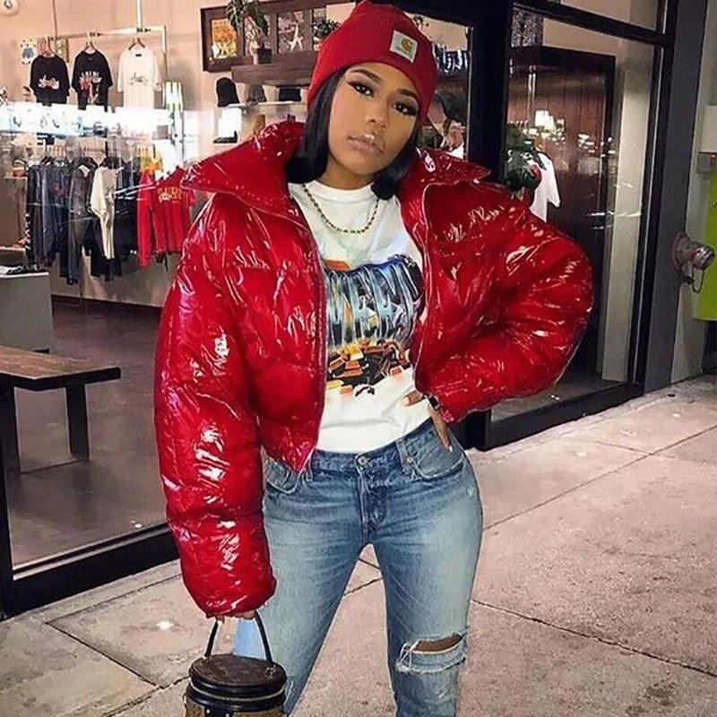 Sisterlinda Faux cuir PU Y2K bulle bouffante hiver chaud veste femmes manteaux à manches longues vêtements d'extérieur fermeture éclair décontracté mince Parkas