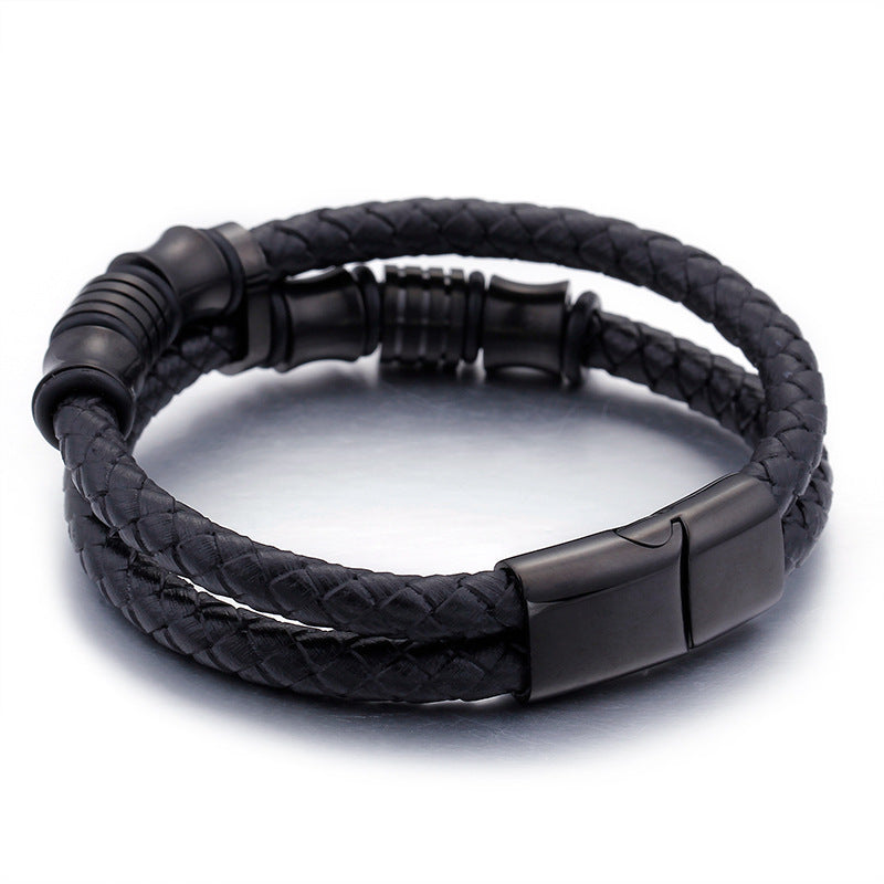 Guldfärgat rostfritt stål läderarmband herr svart herr läder wrap armband smycken armband med magnetlås