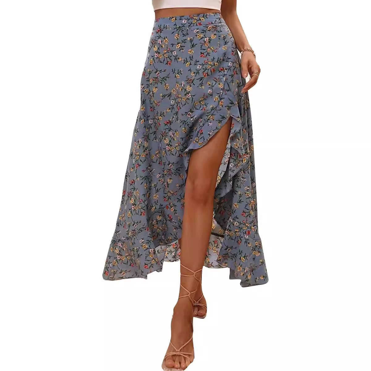 Professional Printed Ruffled Side Slit Skirt - Polyester Floral (3 Colors, M-XXL, Plants & Flowers)