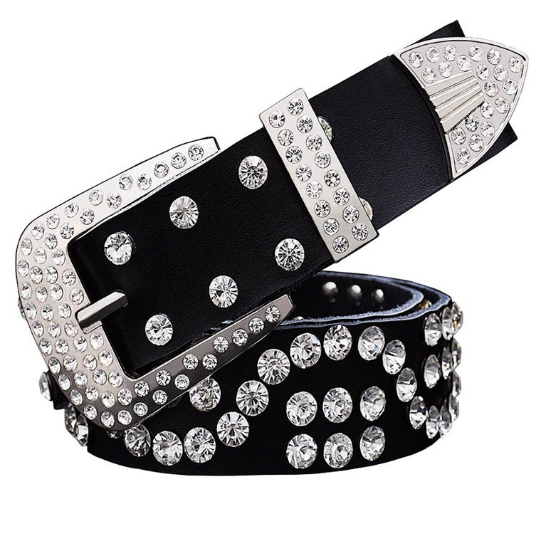 Women's Leather Diamond-Studded Cowhide Pin Buckle Belt - Elegant Glamour