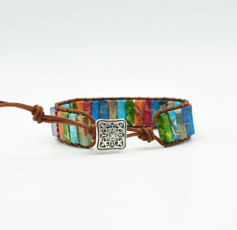 Colored Imperial Stone Handwoven Single Layer Leather Band Creative Ethnic Style Simple Band