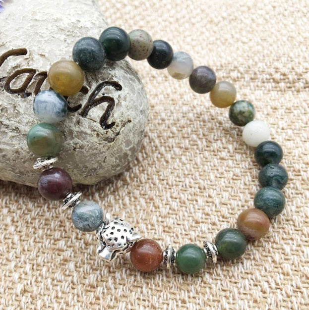8mm Natursten Lavasten Pärlarmband För Män Leopardhuvud Leopardhänge Charm Armband Handgjorda Smycken