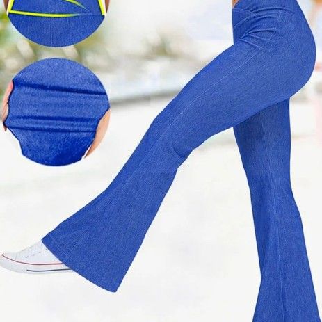 Enfärgad hög midja Cross Stretch Denim Casual Sports Bell-bottom byxor