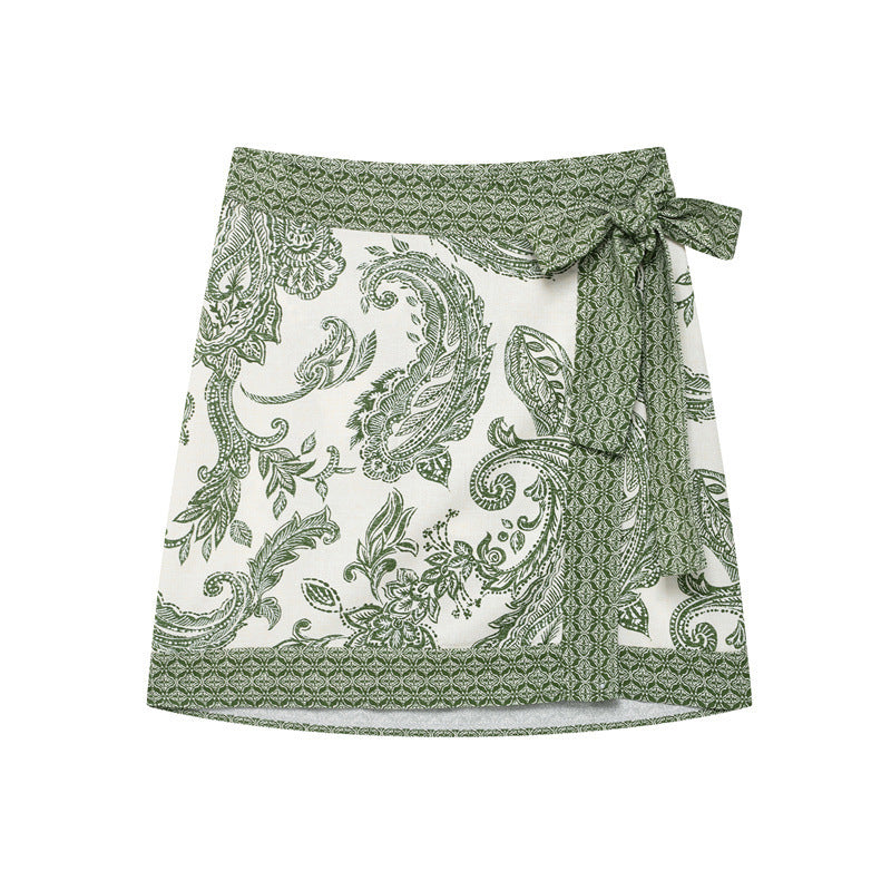 Women's High-Waist Printed Sarong Skirt - Lace-up Bow Design