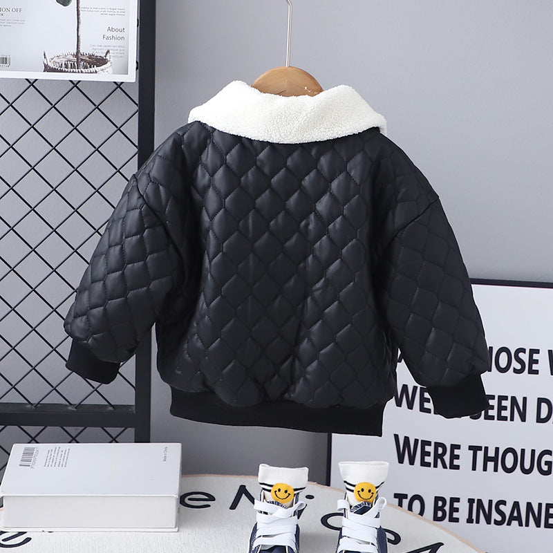Manteau en cuir épais à revers pour garçon, veste à manches longues