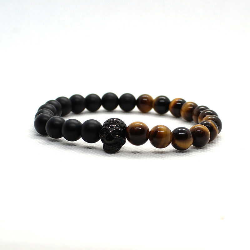 Crown Skull Beaded Bracelet - Men's Brown Stone Jewelry
