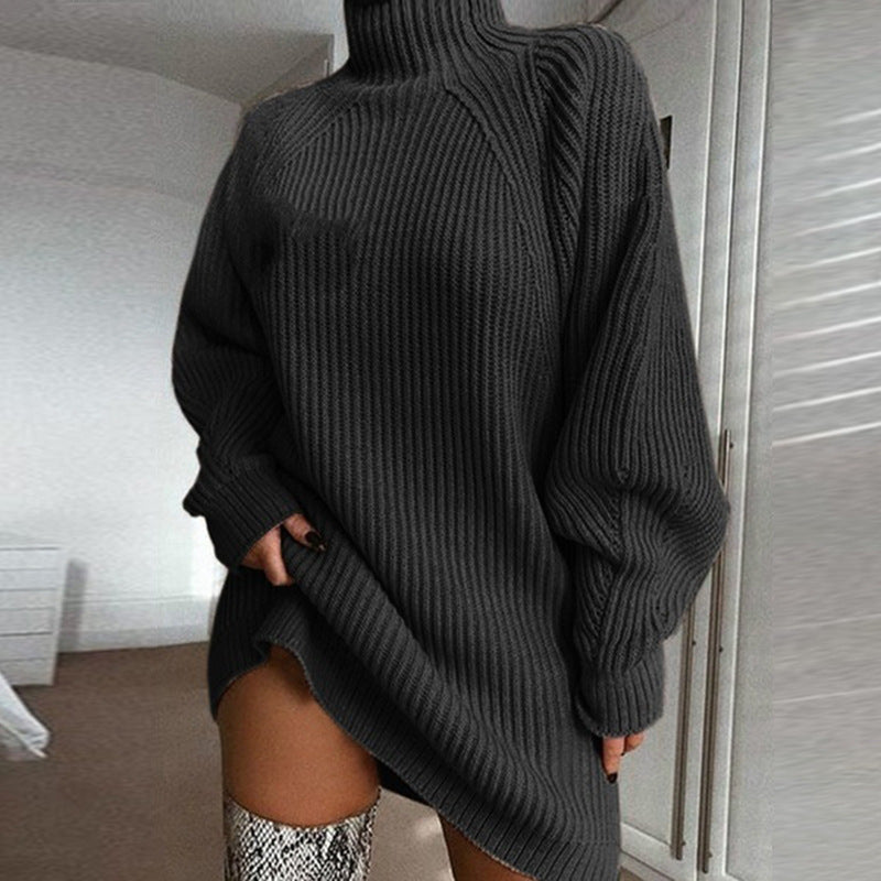 Robe pull longue à col roulé pour femme, couleur unie, chaude, hiver