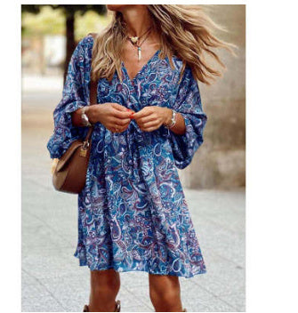 New Printed Long Sleeve A-Line Boho Dress