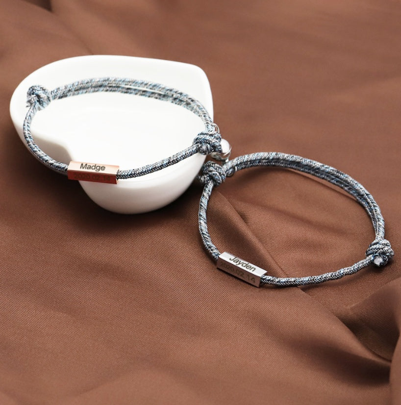 Custom Name Bracelet - Promise of Eternal Love - Magnet Attracting Each Other - Stainless Steel Pair