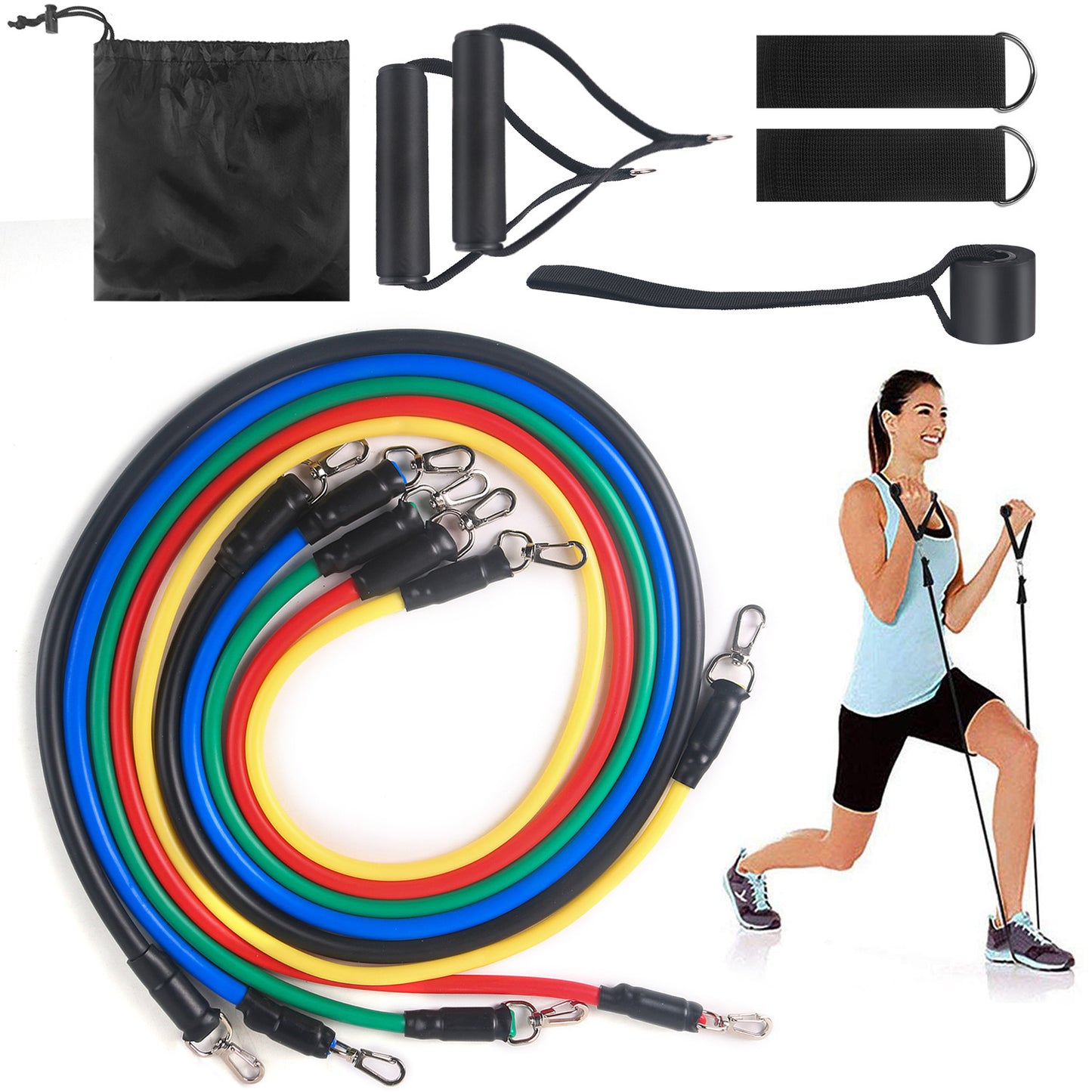 Professional Fitness Rally Elastic Rope - TPE Resistance Band System (5 Bands, 10-30 lbs, 11-Piece Complete Set)