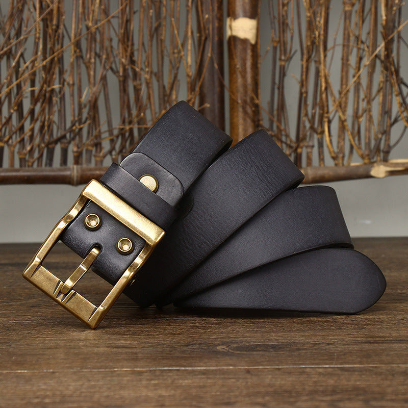 Men's Retro Washed Matte Top-Grain Leather Brass Buckle Belt - Sophisticated Texture