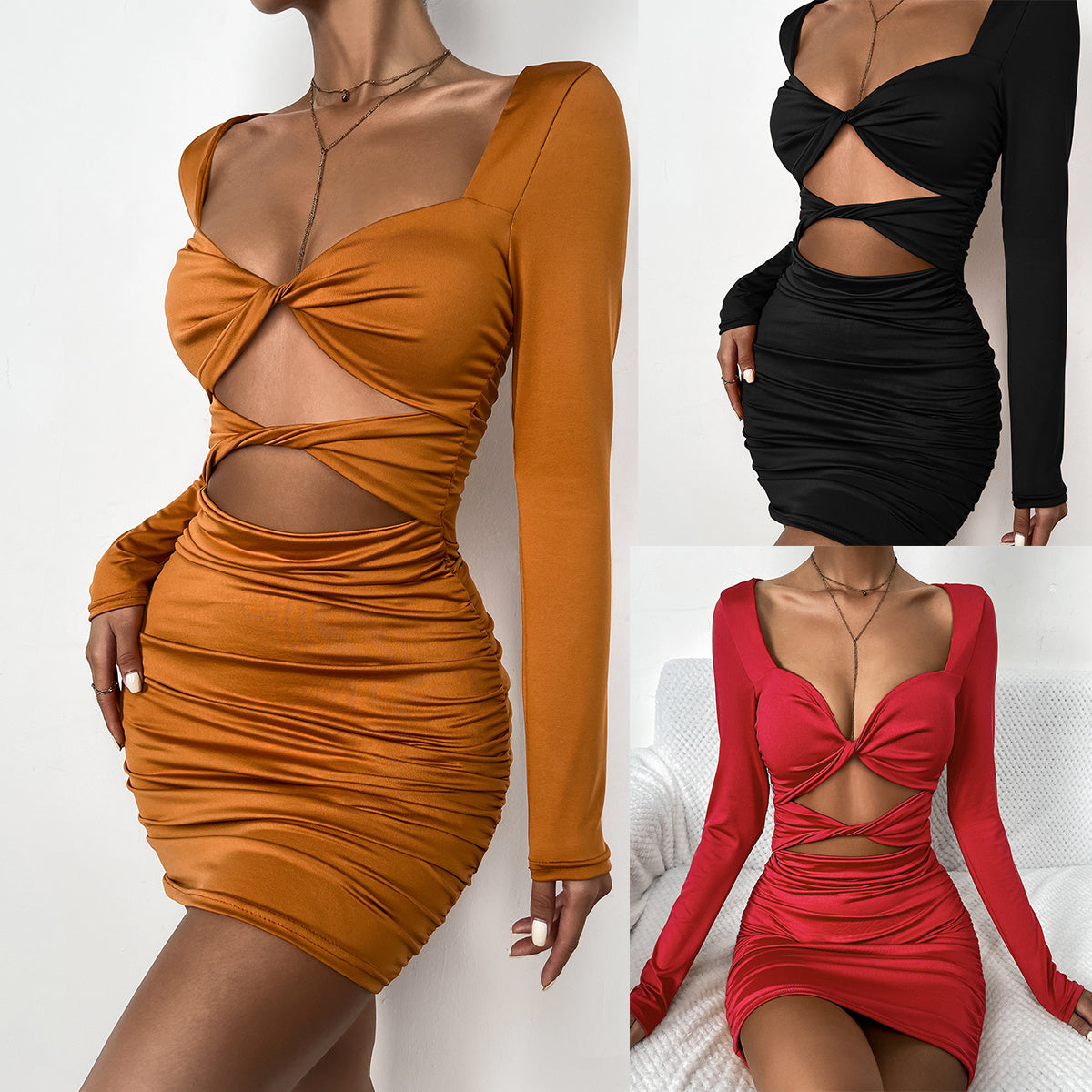 Robe plissée sexy à lien creux en V profond