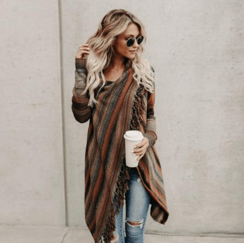 Mid-Length Slim Fashion Tassel Striped Jacket Sweaters