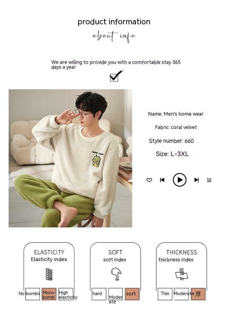 Coral Velvet Pajamas Men's Winter Thicken Thermal Pullover Round Neck Flannel Home Wear