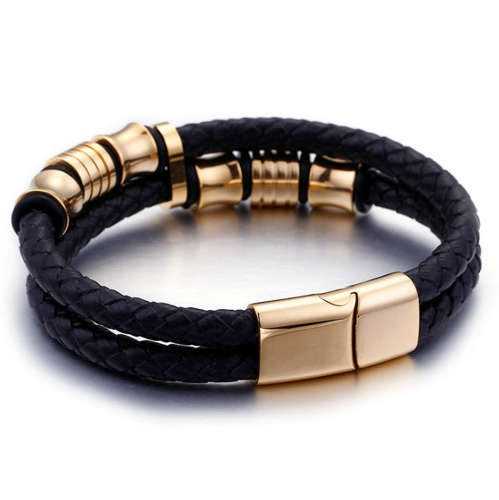 Guldfärgat rostfritt stål läderarmband herr svart herr läder wrap armband smycken armband med magnetlås