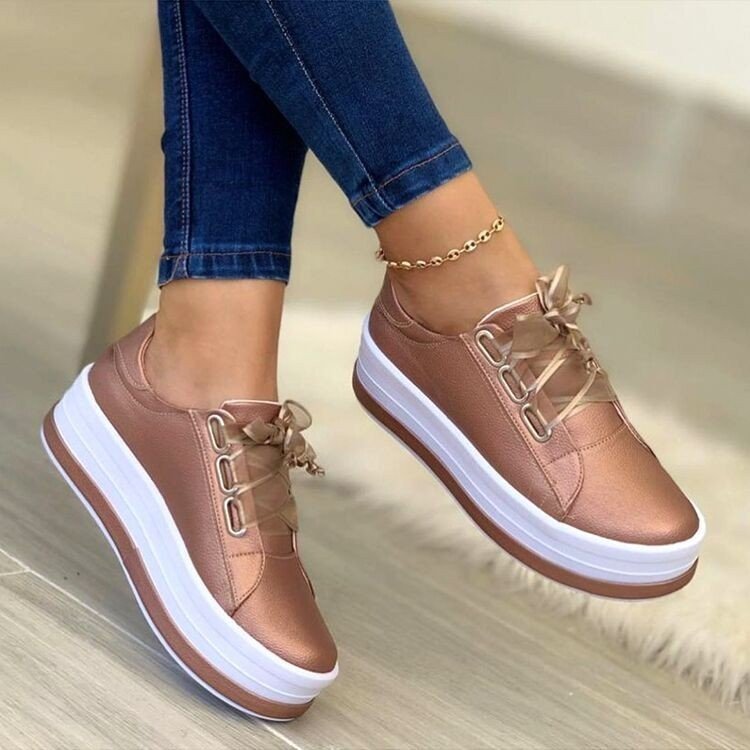 Women's Ribbon Lace-Up Platform Flat Sneakers