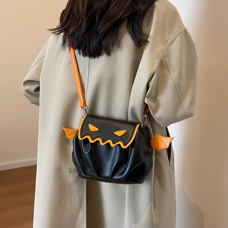 Whimsical Pumpkin Crossbody Bag - Halloween Cartoon Bag with Wings & Personality