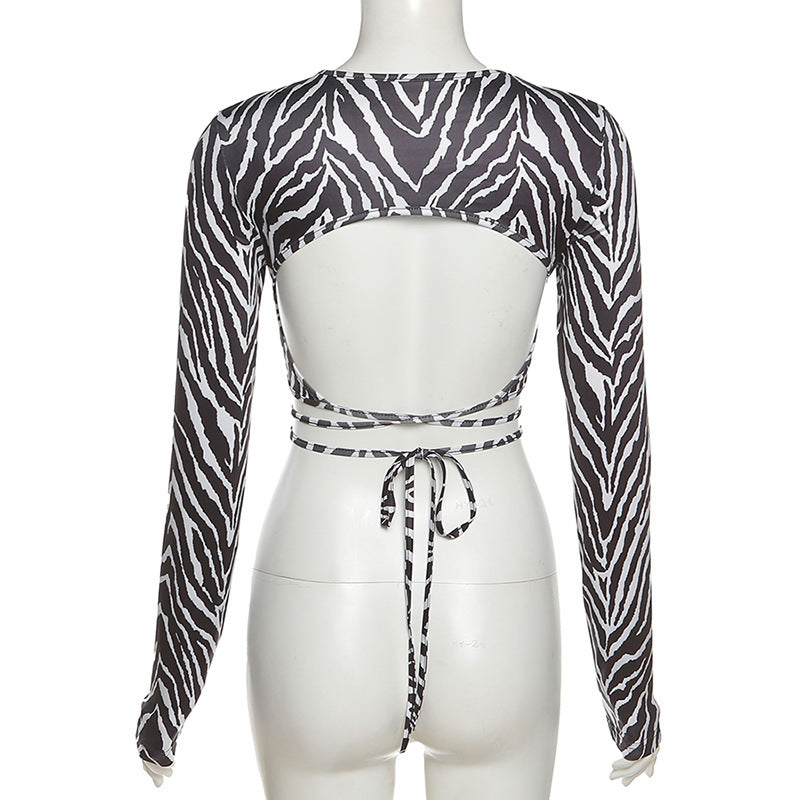 Striped Print Lace-up Short Tops For Women - Summer Collection