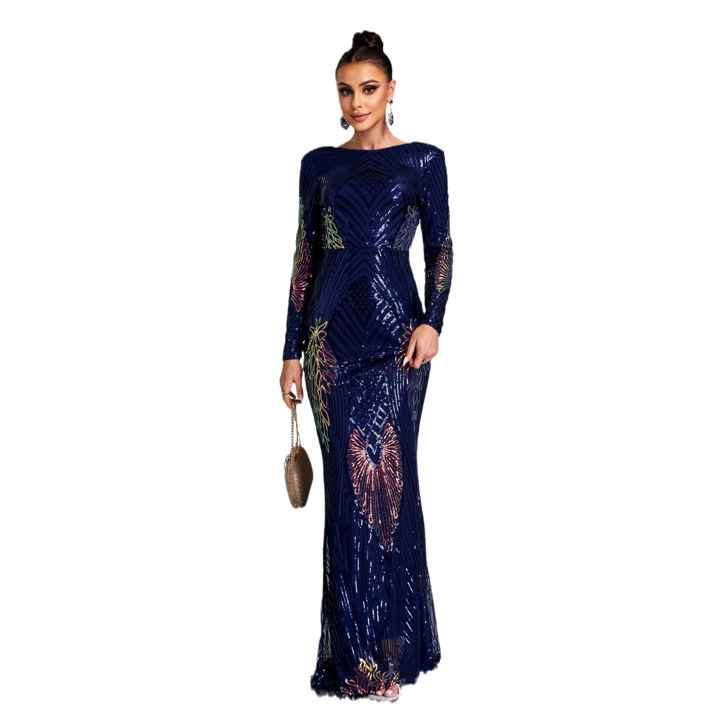 Long Sleeve Crew Neck Sequined Banquet Evening Dress - High Waist Hip Skirt - Extra Long Sleeves
