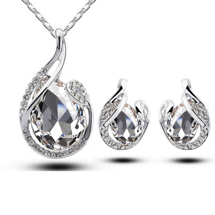 Valentine's Day Special: 3pcs Rhinestone Necklace Set With Earrings - Fashion Water-drop-shaped Jewelry For Women