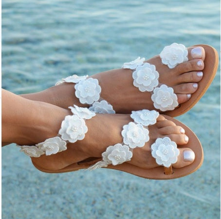 Summer PU Toe Flowers Flat Bottom Sandals - Ladies Fashion