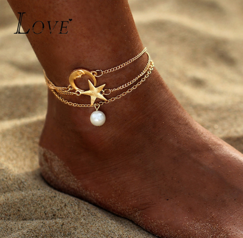 AY Bohemian Crystal Beads Anklet Set För Kvinnor Moon Pendant Armband på benet Ankelrem Girl Sommar Anklet Foot Smycken