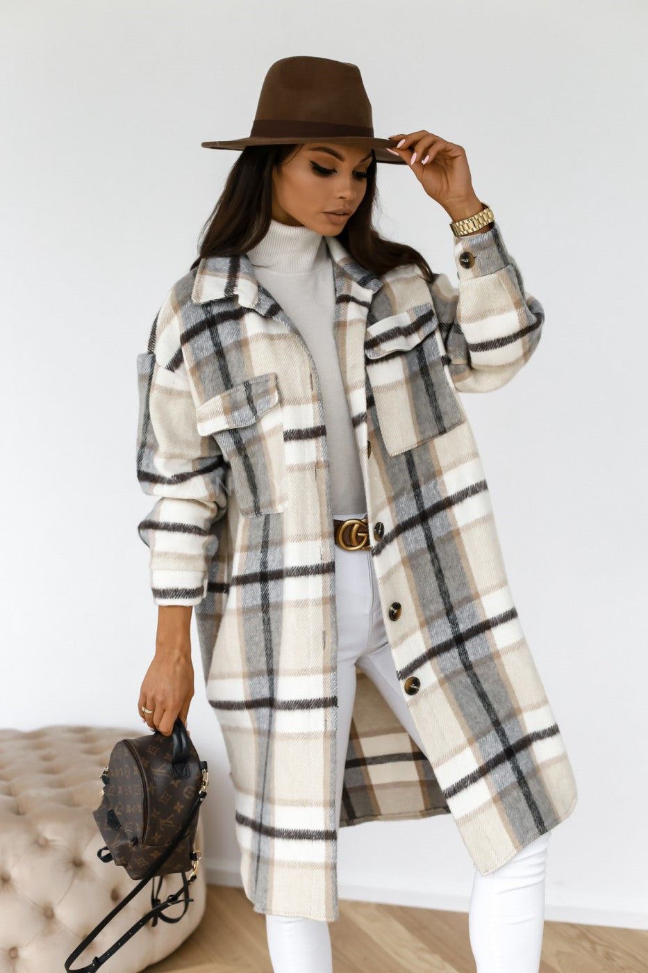 Knapp revers casual varm plaid long ull rocka