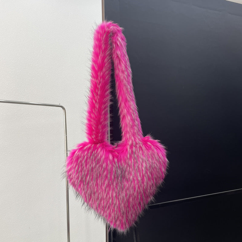 Sacs à bandoulière en polaire d'hiver pour femmes, sac à bandoulière en forme de cœur en peluche, sac d'amour de grande capacité
