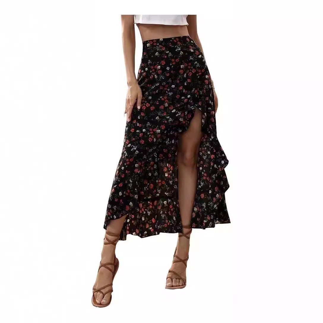Professional Printed Ruffled Side Slit Skirt - Polyester Floral (3 Colors, M-XXL, Plants & Flowers)