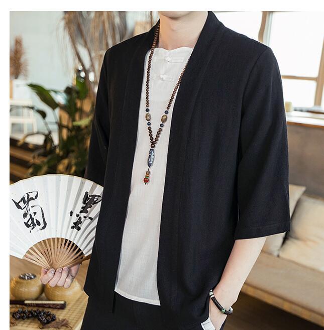 Sommaren mäns kinésiska style bomull och linne fast färg Hanfu sju punkts slem koftan skjorta hommes mode tendance merde rt