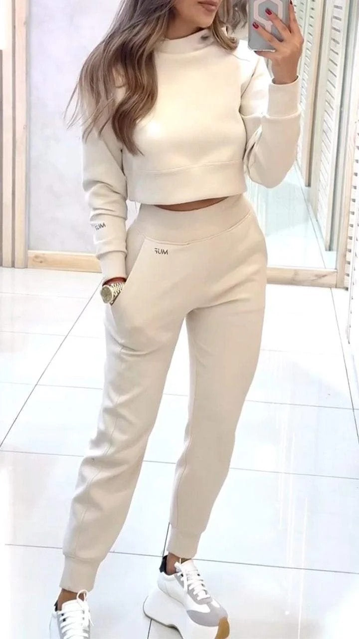 Stand Collar Sportkostym Moderiktig Tröja Långärmad Kort Topp Och Smal Byxa Med Fickor Enfärgade Outfits Damkläder