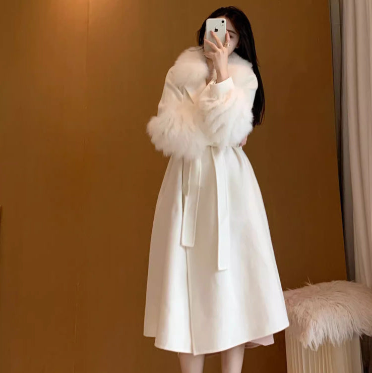 Overcoat Medium Long Woolen Coat - 100% Polyester Commuting Style White Professional