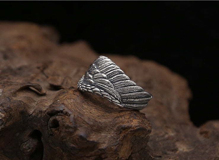 S925 Silver Herrring Justerbar Örnvinge Fjäder Retro Svart Punk Biker Man Ringar Kvinnliga Sterling Silver Smycken