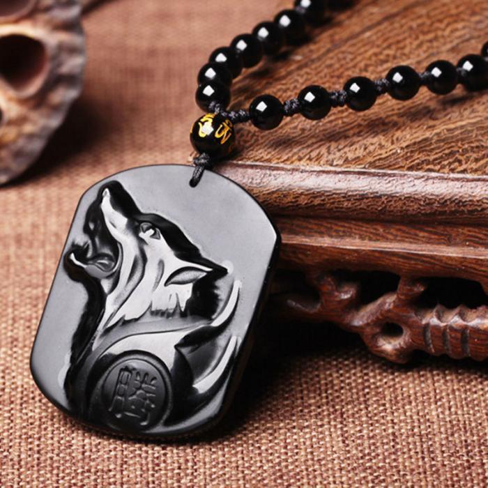 New Obsidian Carving Wolf Head Amulet Pendant Necklace Blessing Lucky Men Necklaces Jewelry Gifts