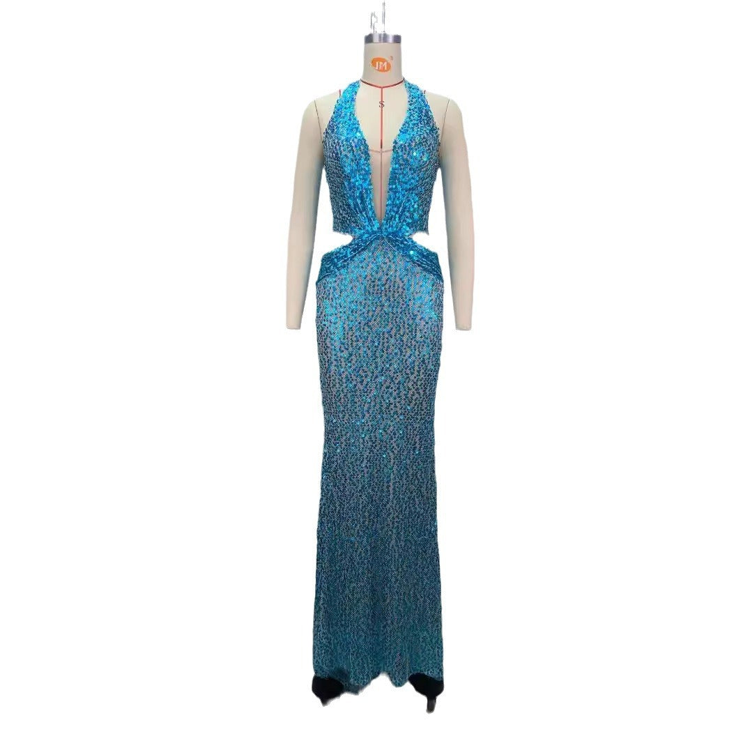 Halter Deep V-Neck Sequin Evening Dress - Sky Blue Hollow Mesh - Company Annual Meeting Host Dress