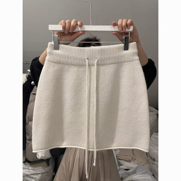 Professional Western Style Elastic Waistband Lace-Up Knitted Skirt - Urban Design (3 Colors, S-XL, Temperament Commute)