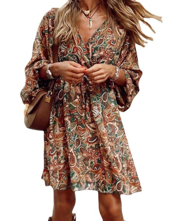 New Printed Long Sleeve A-Line Boho Dress