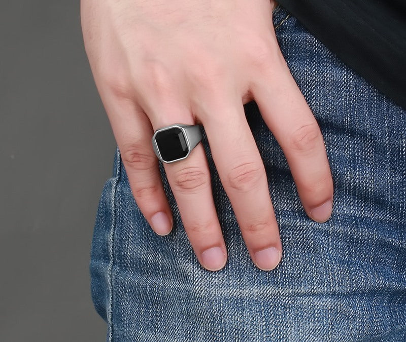 Bague homme agate noire acier inoxydable