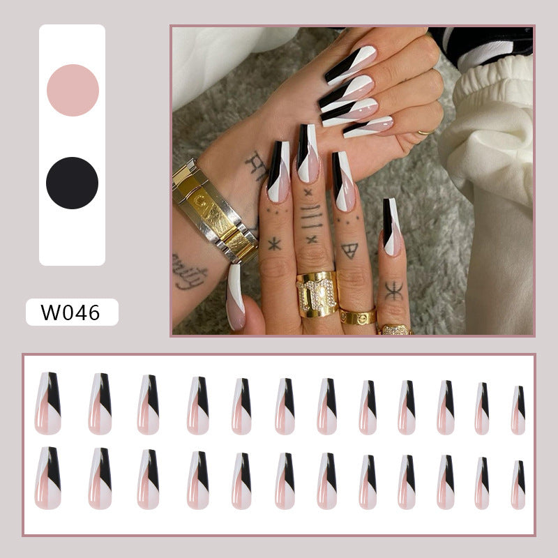 Long Ballet Press-On Nails - Black & White Design W046 | Professional Nail Stickers