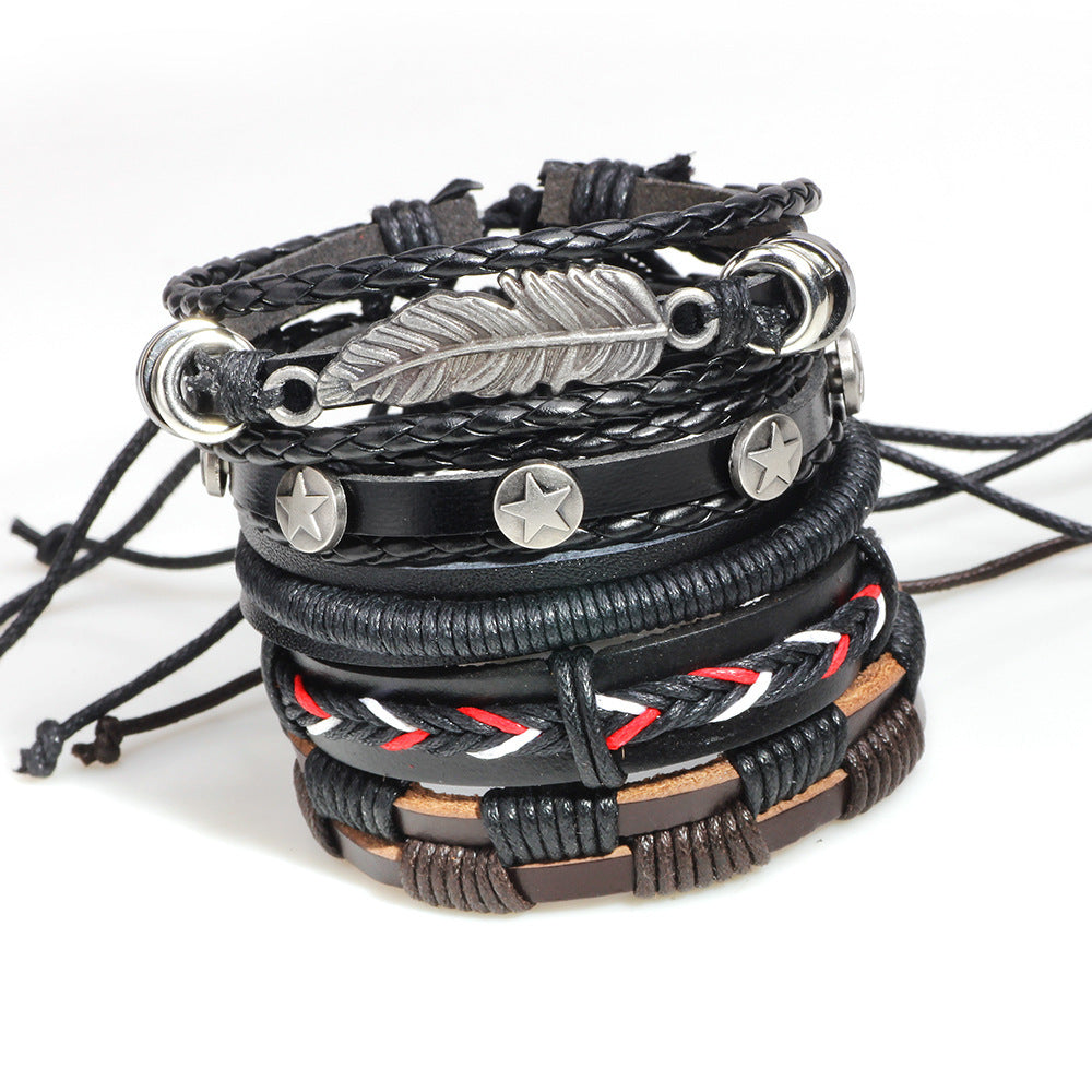 flerskiktad ark vintage läderarmband av män av mode hantverk stjärnrep tvinnat Wrap Armband & armband