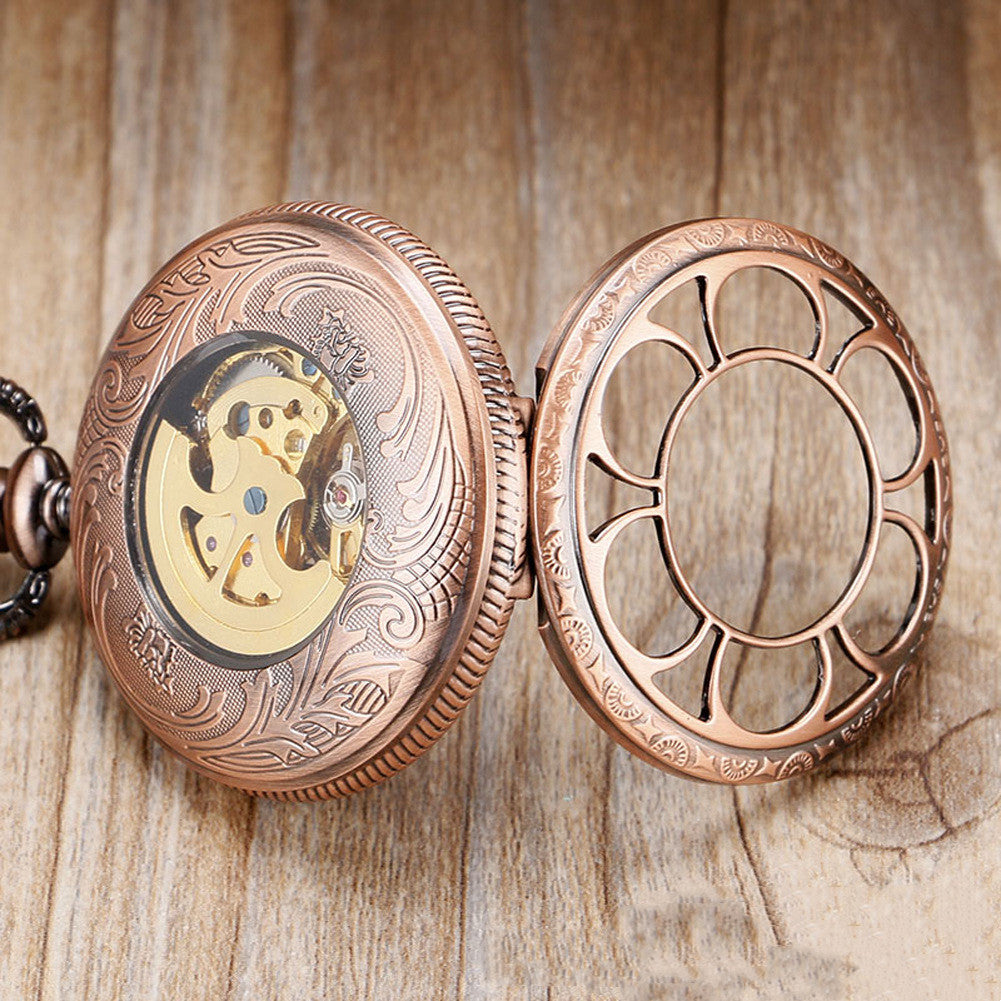 Skeleton Sun Flower Automatic Mechanical Pocket Watch - Elegant Intricate Sophisticated Timeless Durable Exquisite