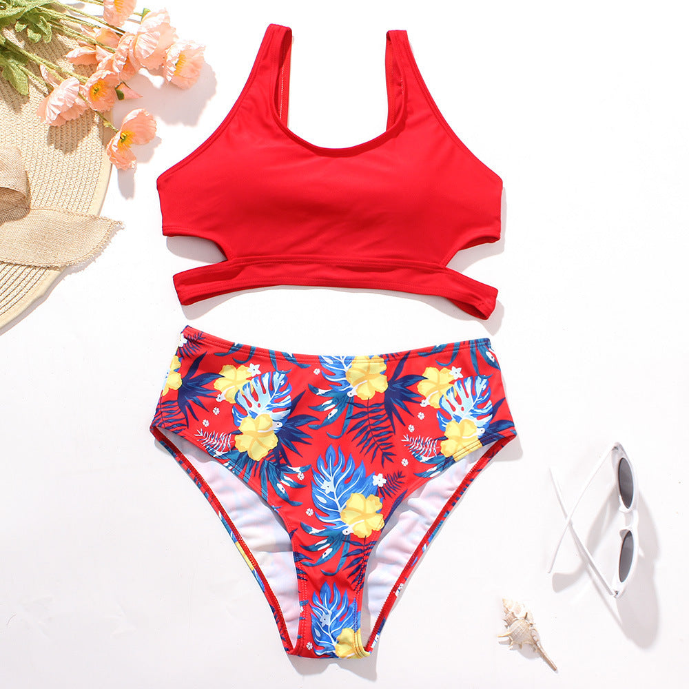 Professional Ladies High Waist Solid Color Printed Swimsuit - Polyester (S-L, Chest Pad, Blue/Red)