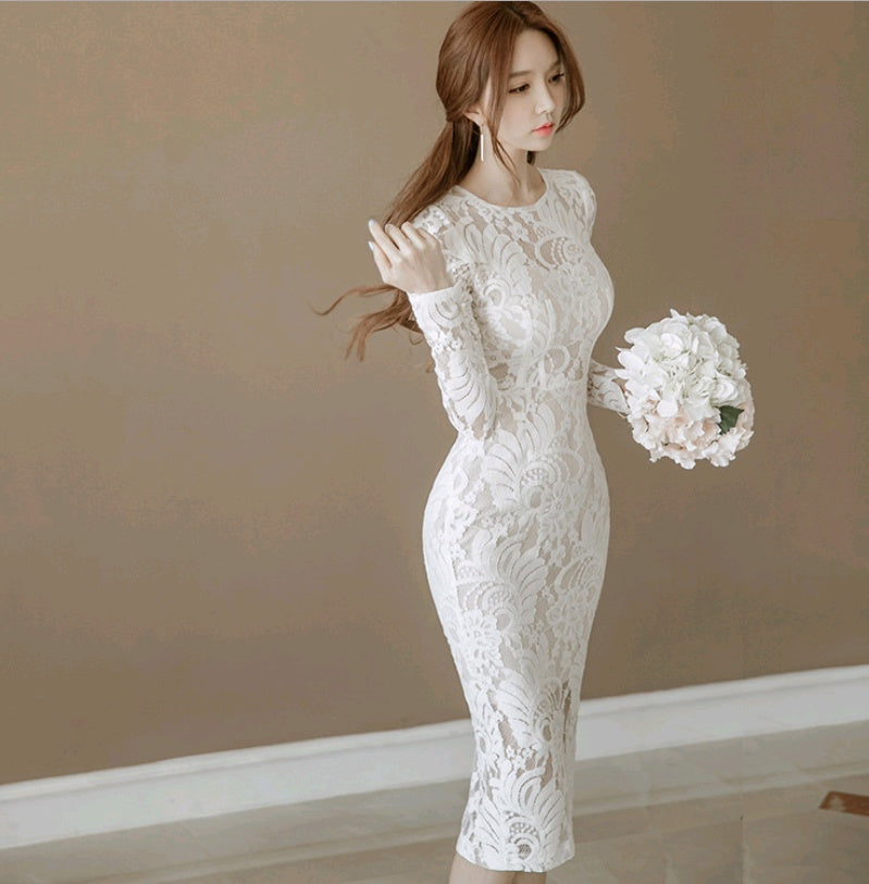 Robe longue en dentelle pour femmes, sac fin, hanche, mode, col rond, jupe étape