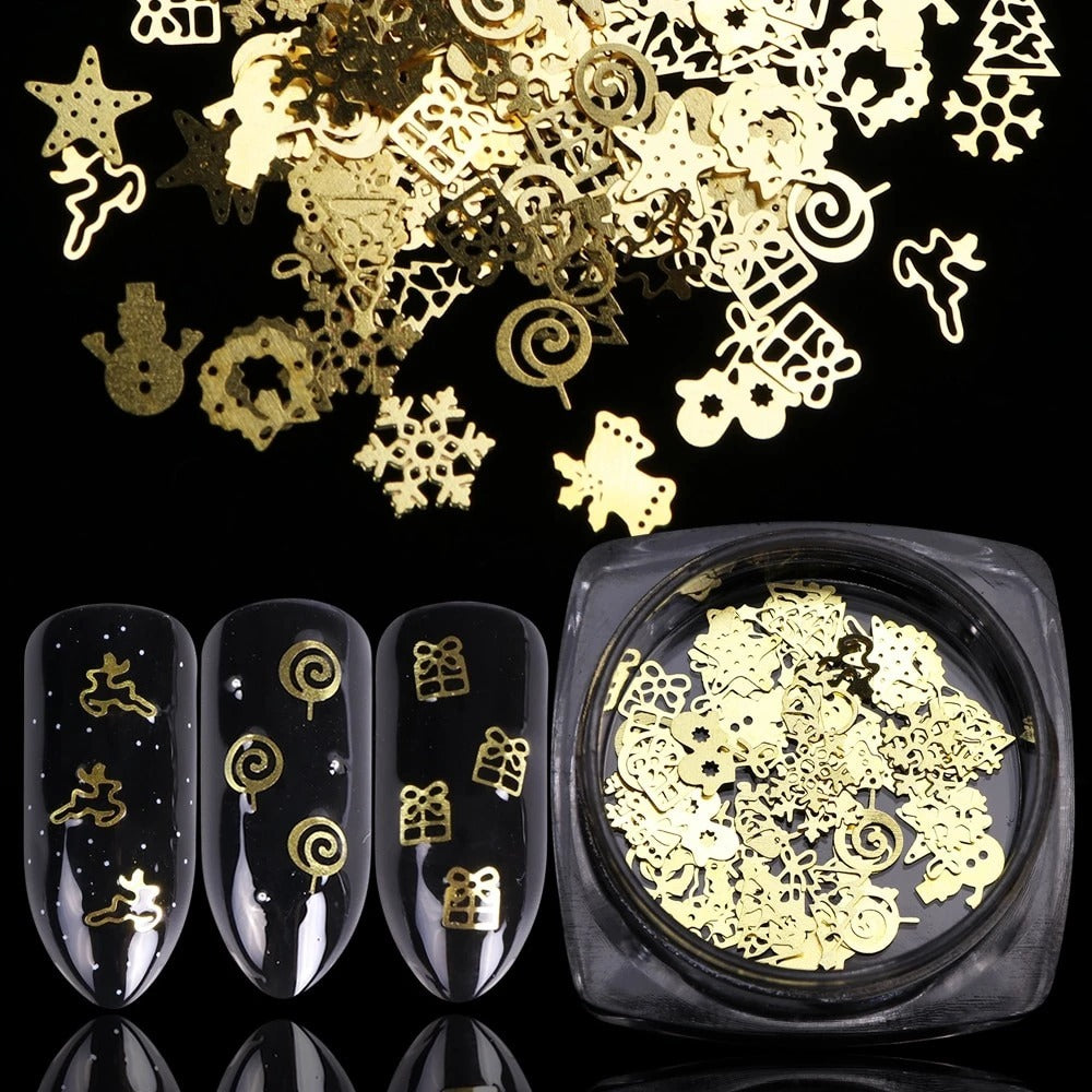 Christmas Nail Art Decorations - Gold Metal Charms | 120 Pieces Holiday Nail Stickers