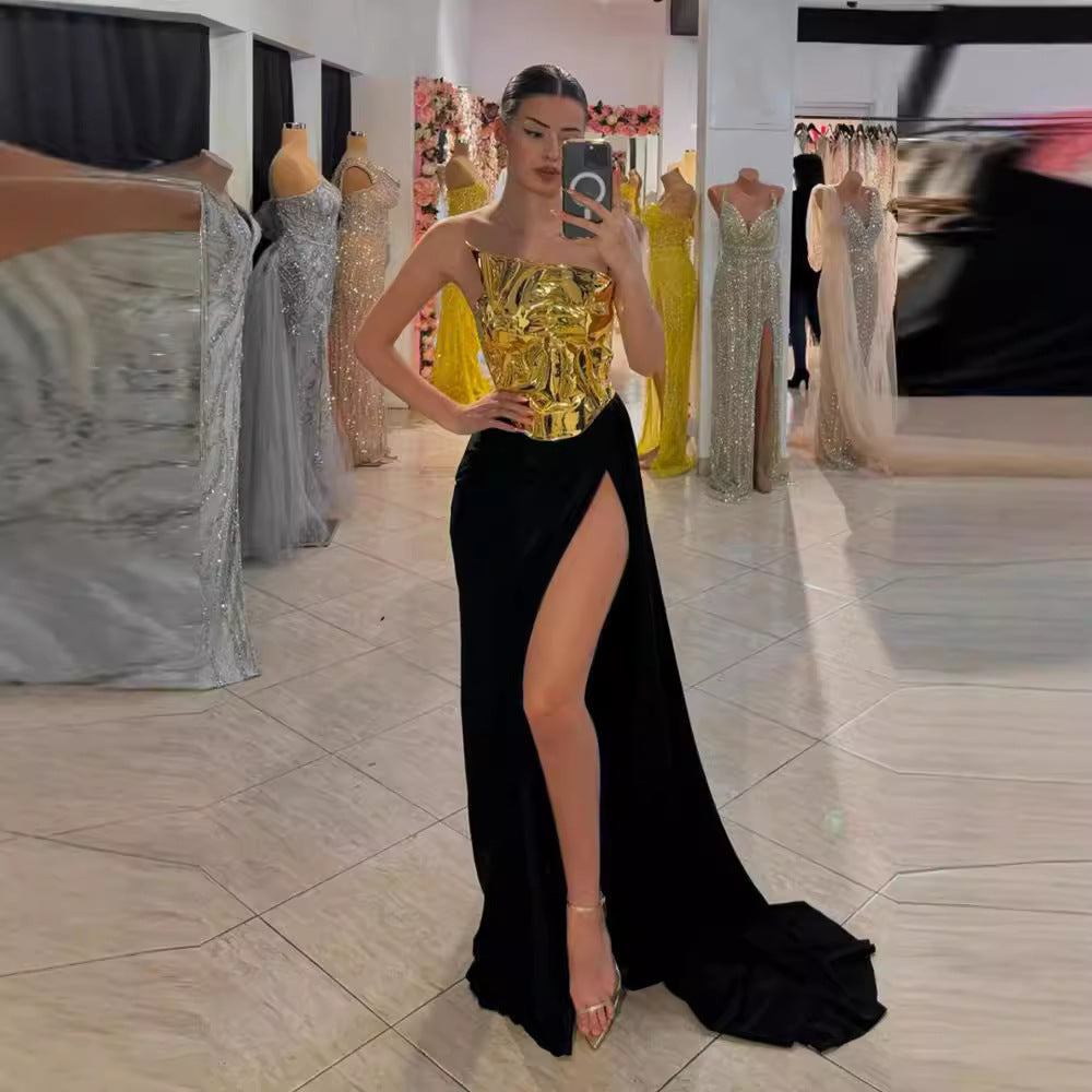 One-Shoulder Satin Black Dress Two-Piece Set - Elegant Backless Design