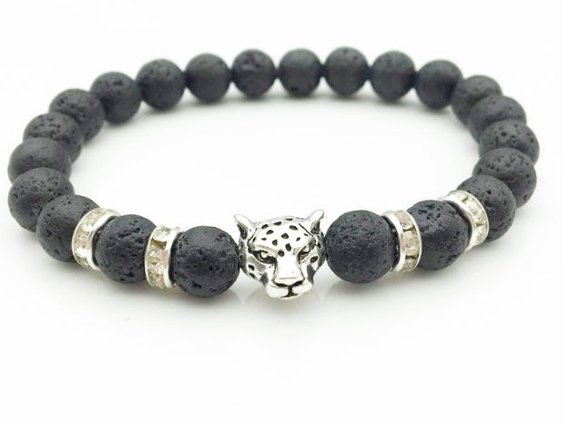 8mm Natursten Lavasten Pärlarmband För Män Leopardhuvud Leopardhänge Charm Armband Handgjorda Smycken