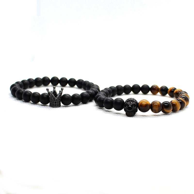 Crown Skull Beaded Bracelet - Men's Brown Stone Jewelry