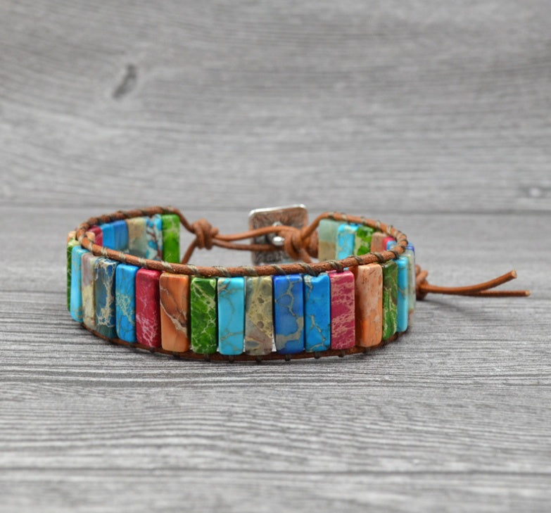 Colored Imperial Stone Handwoven Single Layer Leather Band Creative Ethnic Style Simple Band
